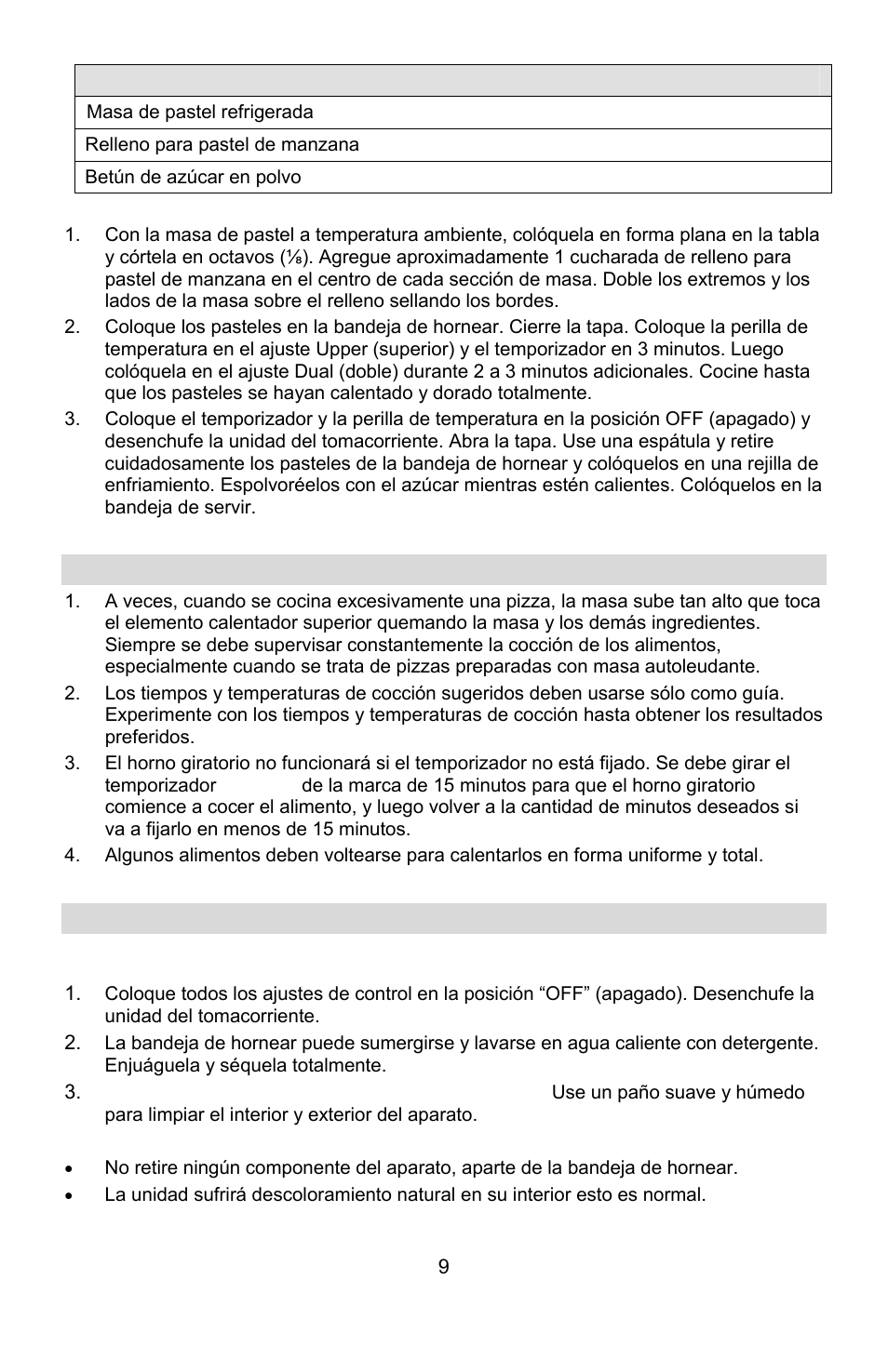 Consejos de cocción, Limpieza del horno giratorio | West Bend Rotary Oven User Manual | Page 29 / 32