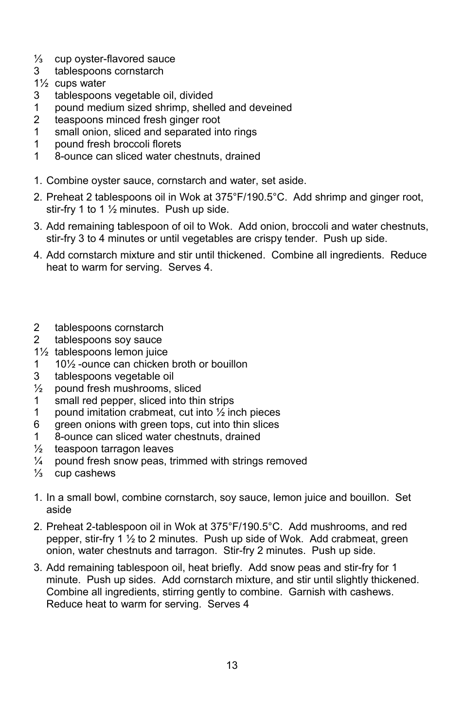 Shrimp and broccoli stir fry, Crab stir-fry | West Bend Housewares Electric Wok User Manual | Page 13 / 48