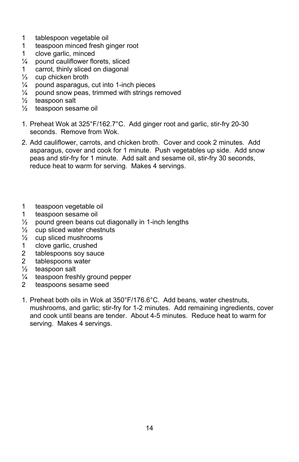 Ginger stir-fried vegetables, Green beans with water chestnuts | West Bend Housewares Electric Wok User Manual | Page 14 / 48