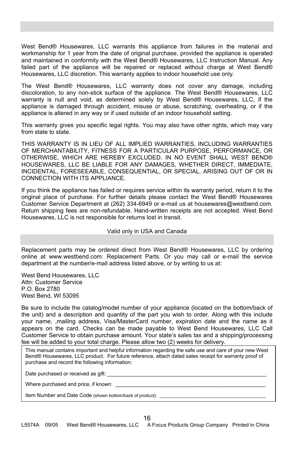 Product warranty, Appliance 1 year limited warranty, Replacement parts | West Bend Housewares Electric Wok User Manual | Page 16 / 48