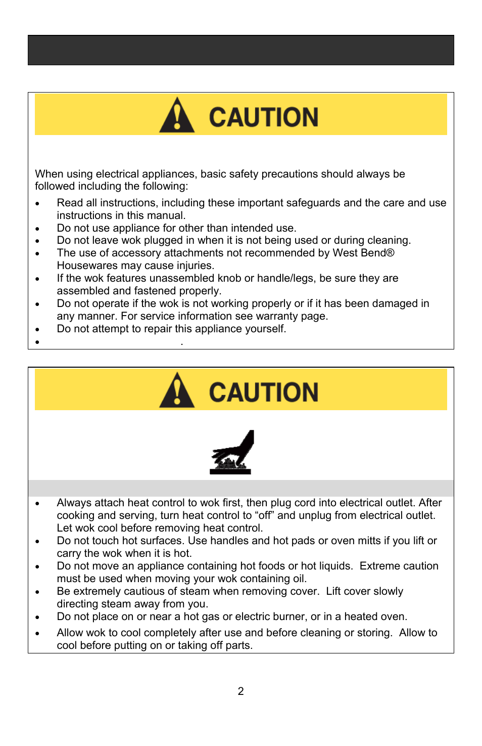 Heat precautions, Important safeguards | West Bend Housewares Electric Wok User Manual | Page 2 / 48