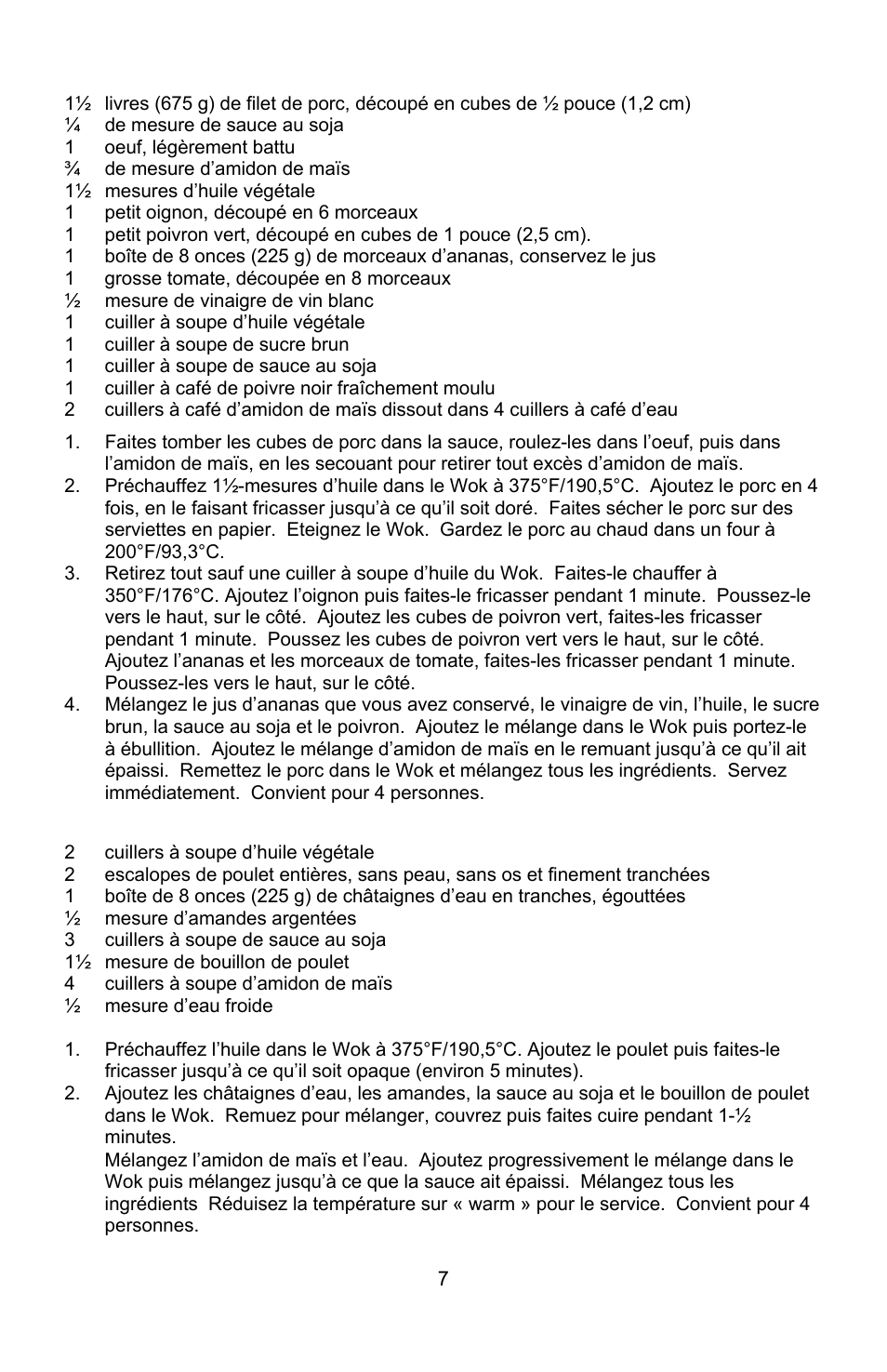 Porc a la sauce aigre-douce, Poulet aux amandes | West Bend Housewares Electric Wok User Manual | Page 23 / 48