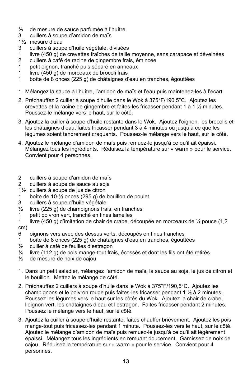 Fricassee de crevettes et de brocoli, Fricassee de crabe | West Bend Housewares Electric Wok User Manual | Page 29 / 48