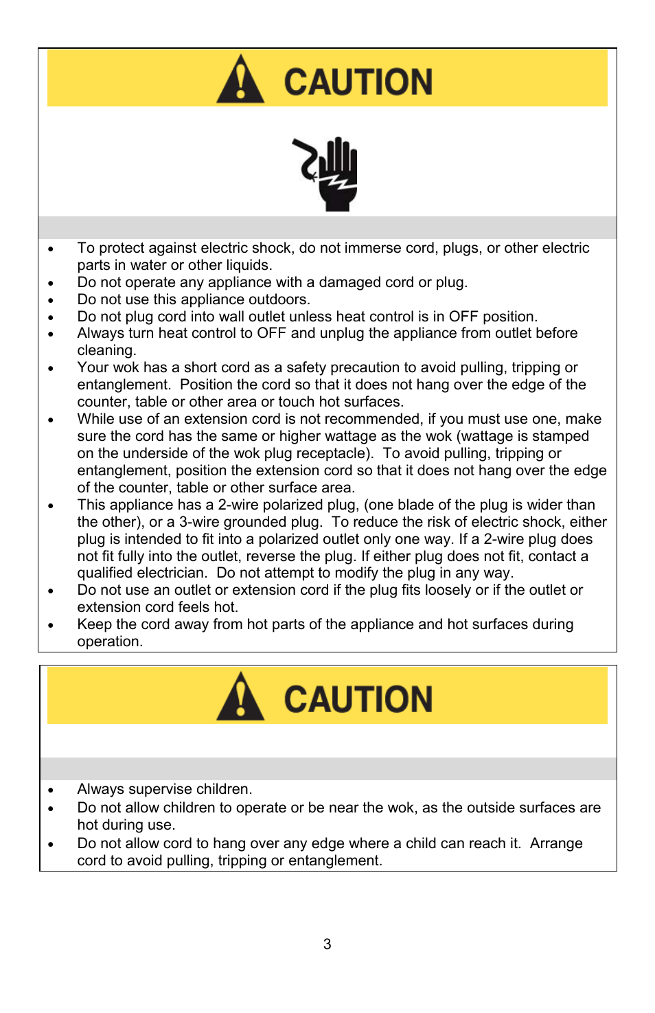 Electricity precautions, Precautions for use around children | West Bend Housewares Electric Wok User Manual | Page 3 / 48