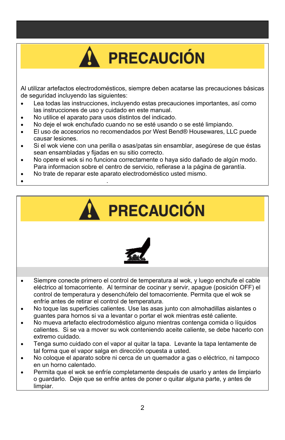 Precauciones relativas al calor, Precauciones importantes | West Bend Housewares Electric Wok User Manual | Page 34 / 48