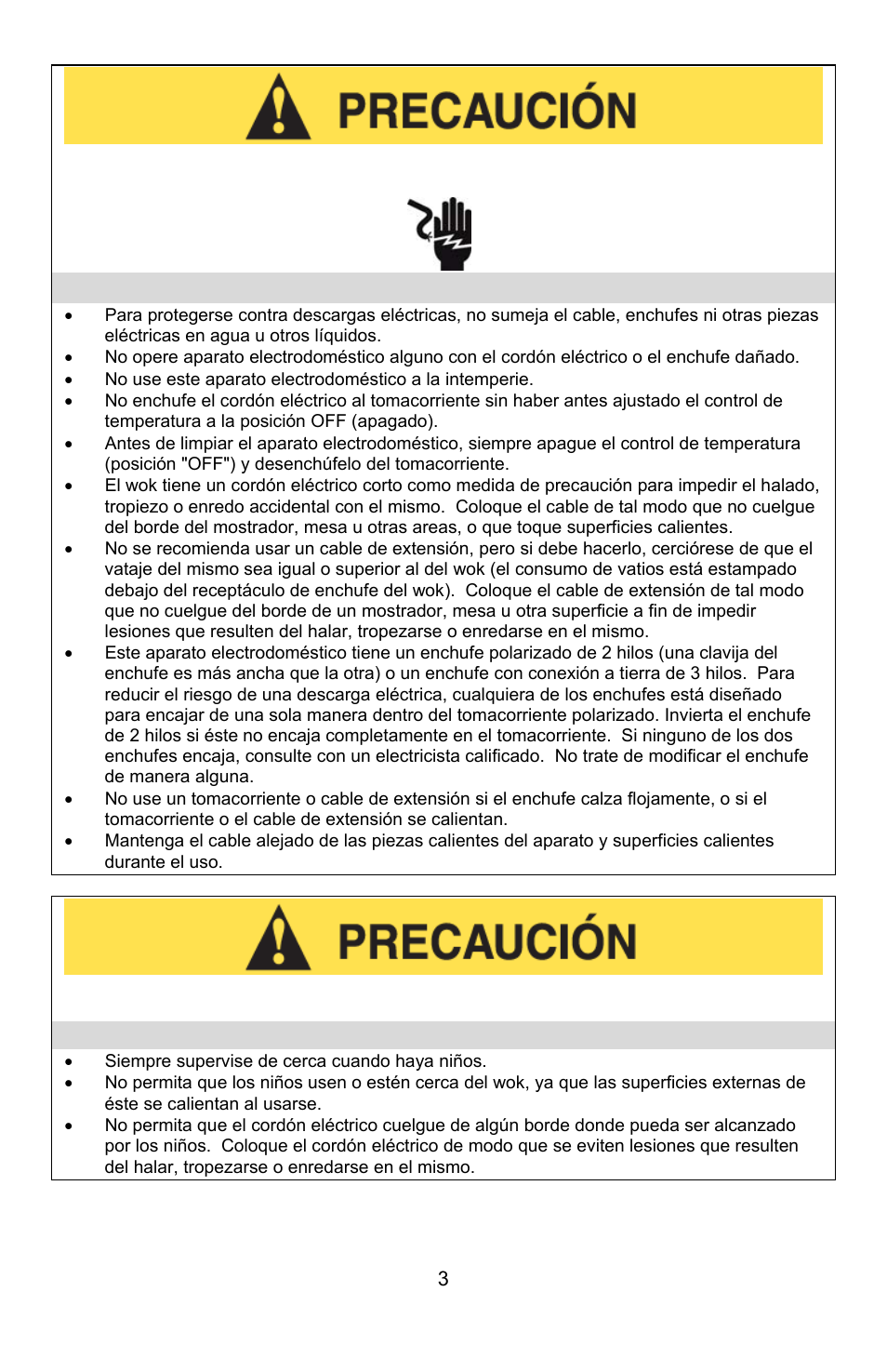 Precauciones eléctricas, Precauciones de uso cerca de niños | West Bend Housewares Electric Wok User Manual | Page 35 / 48