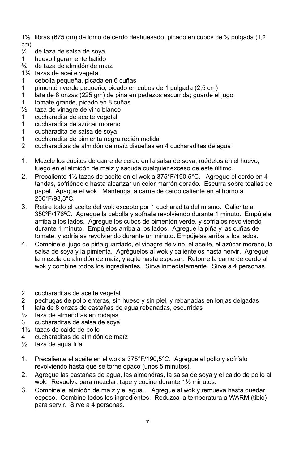 Carne de cerdo agridulce, Pollo a la almendra | West Bend Housewares Electric Wok User Manual | Page 39 / 48