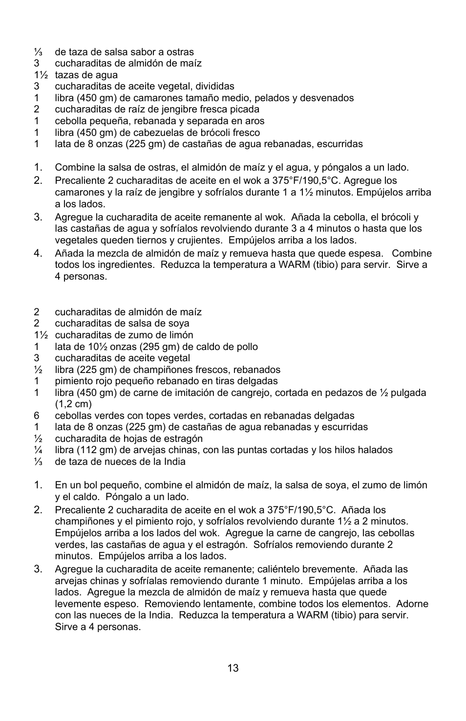 Salteado de camarón y brócoli, Salteado de cangrejo | West Bend Housewares Electric Wok User Manual | Page 45 / 48