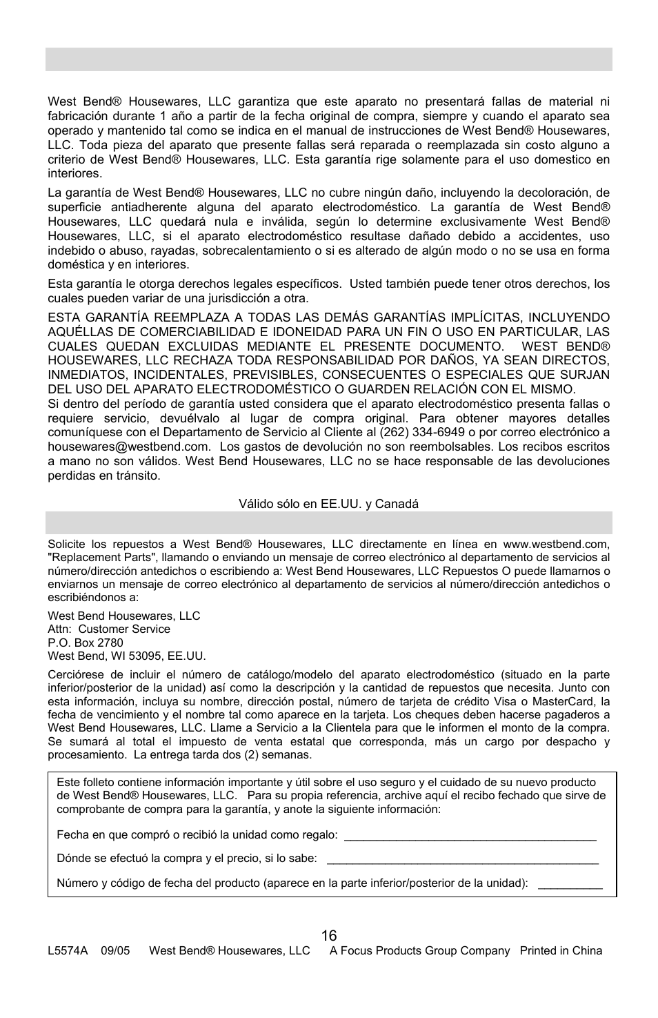 Garantía del producto, Repuestos | West Bend Housewares Electric Wok User Manual | Page 48 / 48