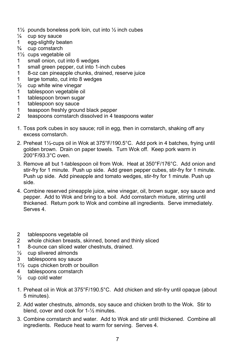 Sweet and sour pork, Almond chicken | West Bend Housewares Electric Wok User Manual | Page 7 / 48