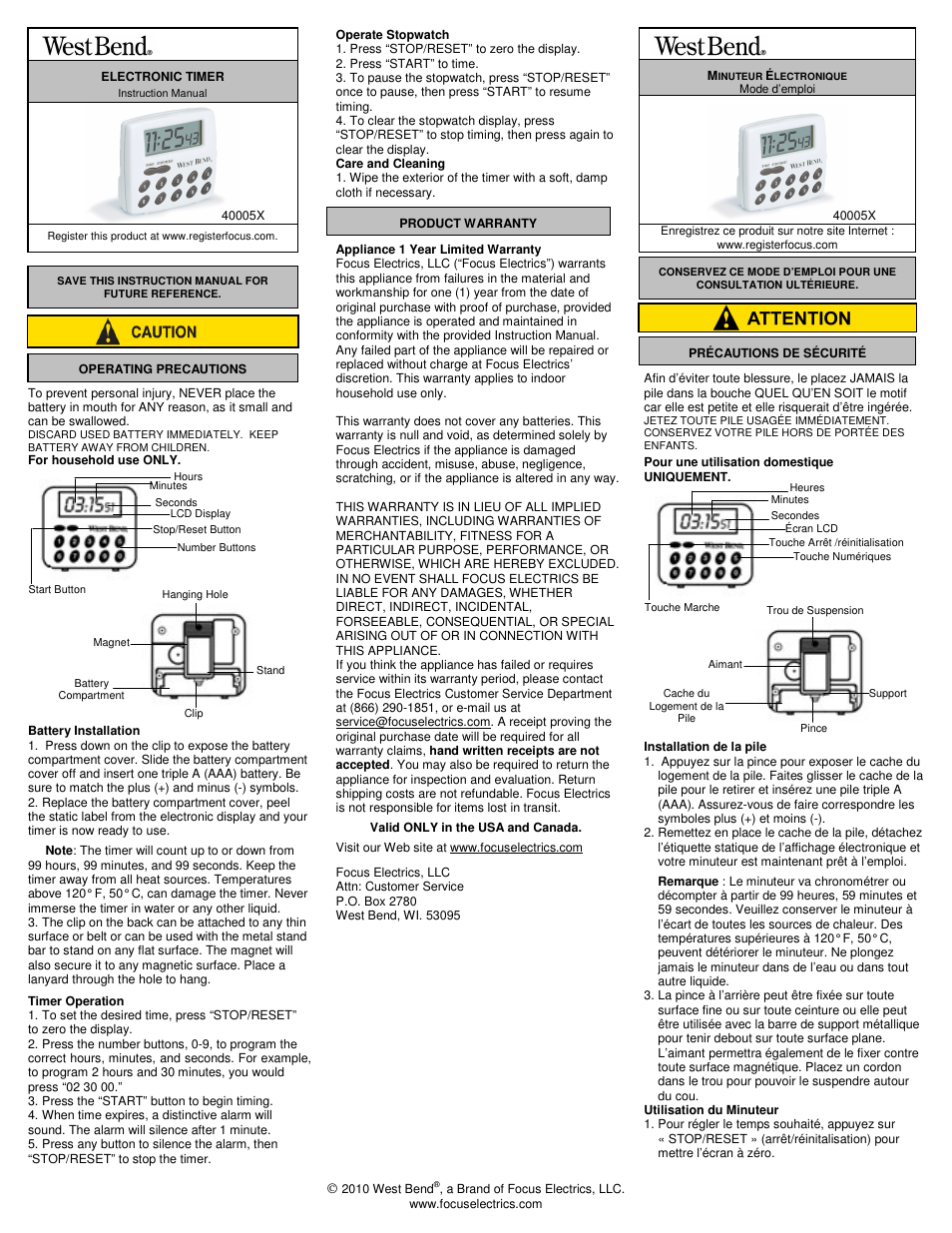 West Bend 40005X User Manual | 2 pages