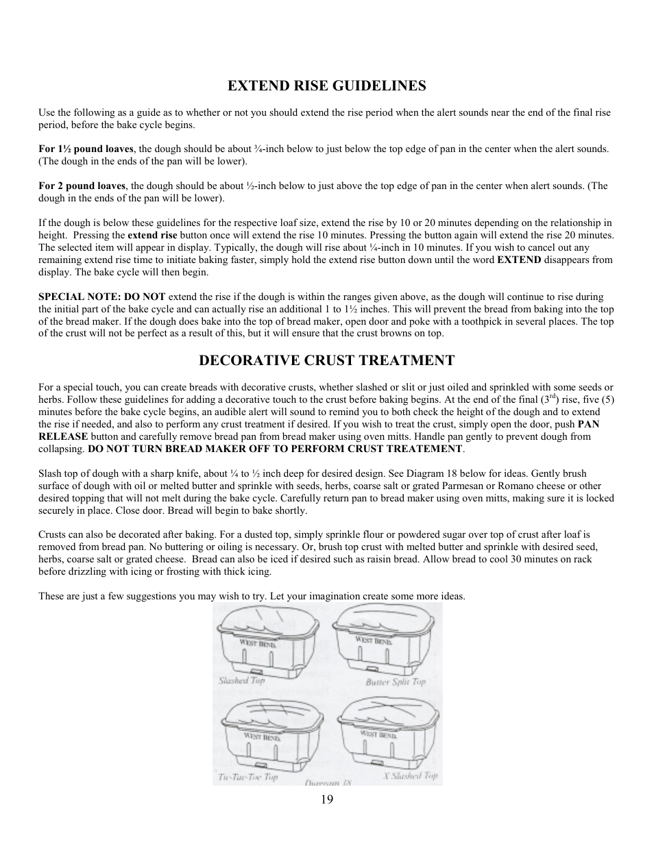 Extend rise guidelines, Decorative crust treatment | West Bend L4854 User Manual | Page 20 / 56