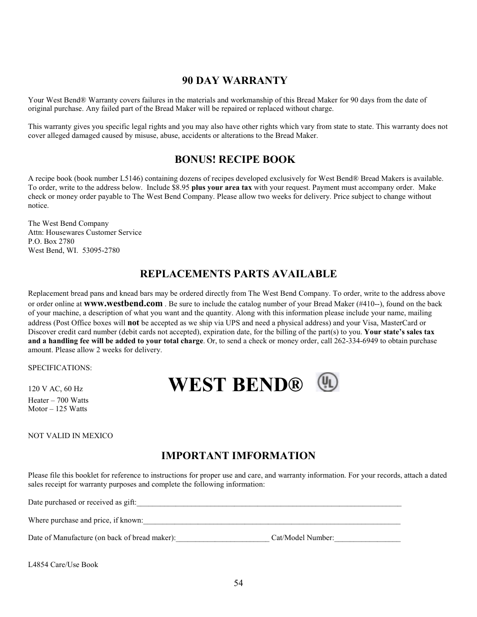 West bend | West Bend L4854 User Manual | Page 55 / 56
