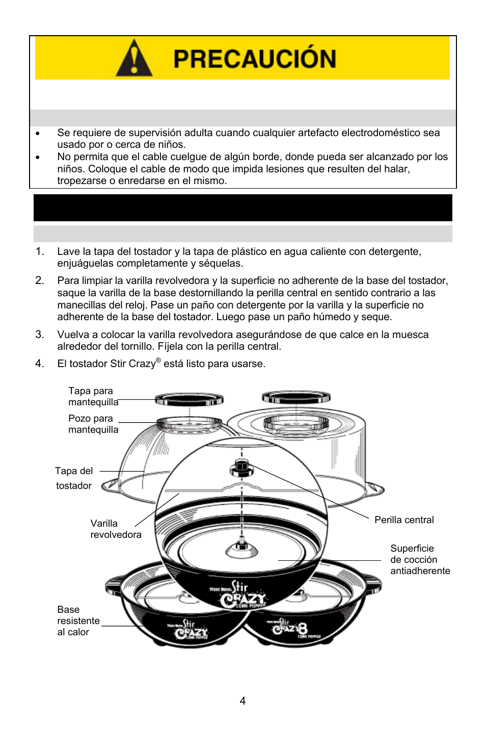 Precauciones de uso cerca de niños, Antes de usarlo por primera vez, Conserve estas instrucciones | West Bend STIR CRAZY L5557B User Manual | Page 20 / 24