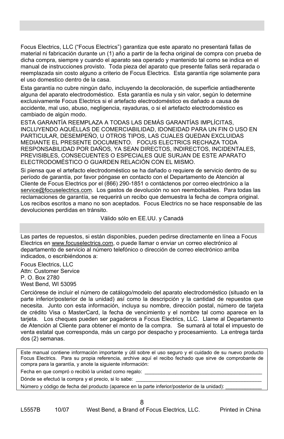 Garantía del producto, Repuestos, Arantía del producto | Epuestos | West Bend STIR CRAZY L5557B User Manual | Page 24 / 24
