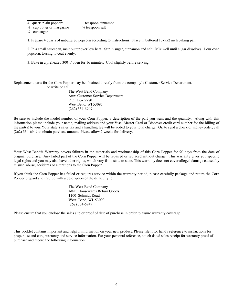 90 day warranty | West Bend Corn Popper User Manual | Page 4 / 4