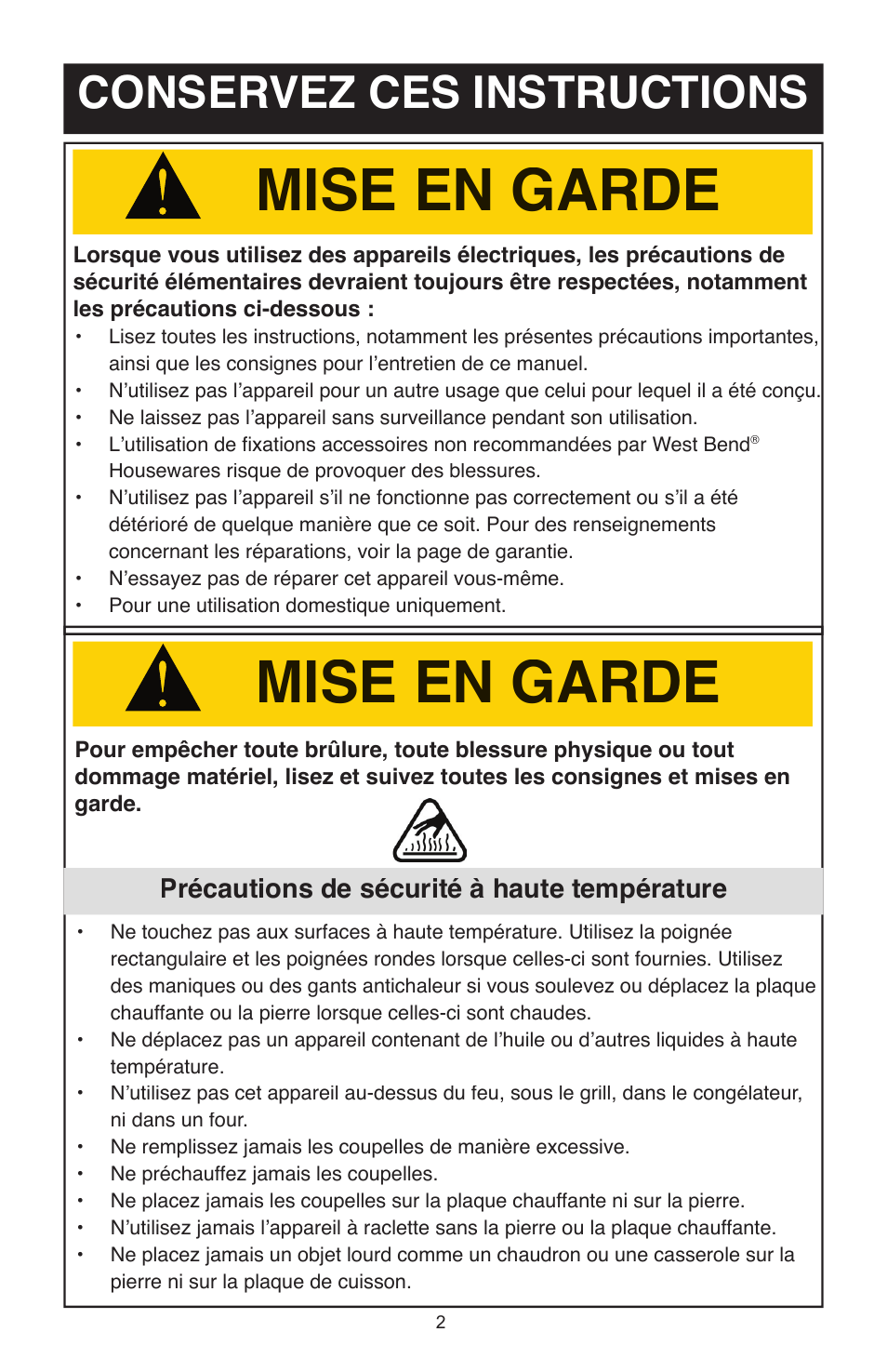 Mise en garde, Conservez ces instructions, Précautions de sécurité à haute température | West Bend Model 6130 User Manual | Page 11 / 28