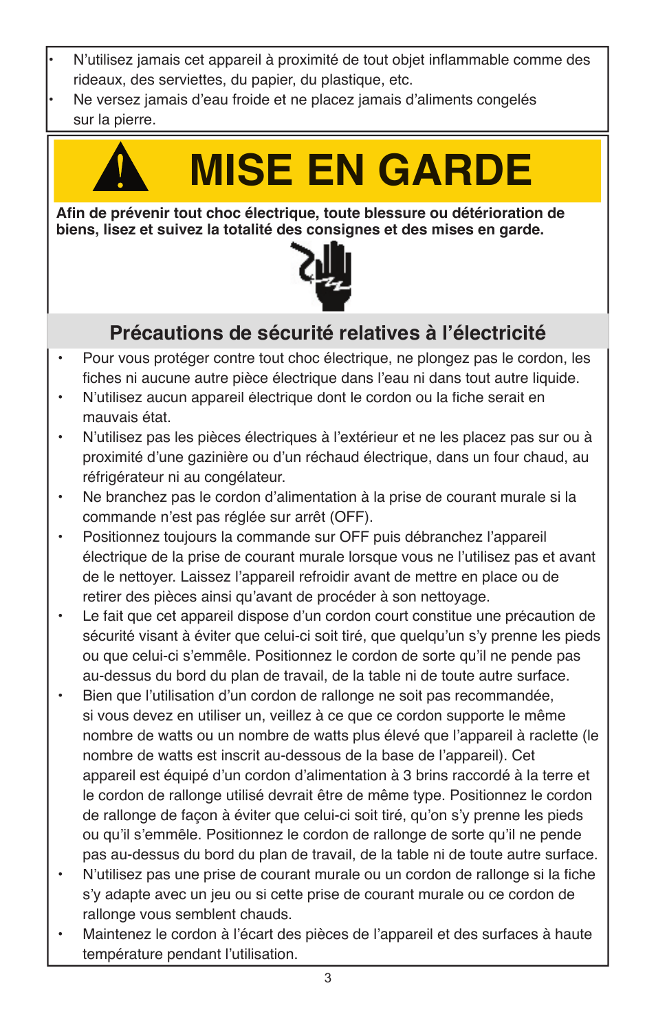 Mise en garde, Précautions de sécurité relatives à l’électricité | West Bend Model 6130 User Manual | Page 12 / 28