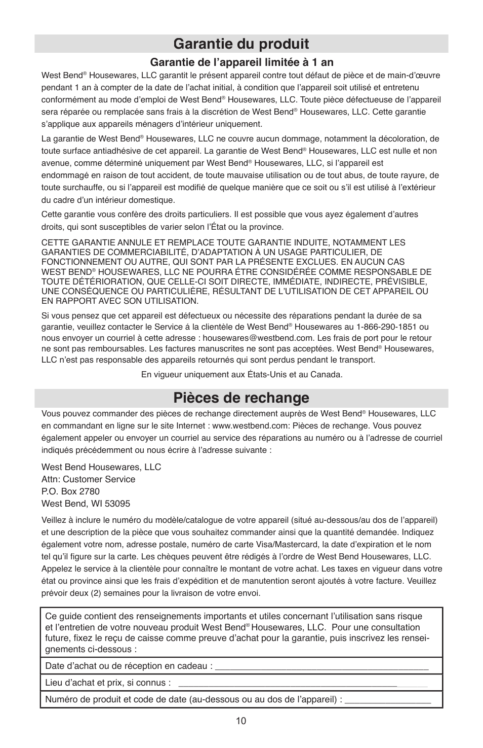 Garantie du produit, Pièces de rechange, Garantie de l’appareil limitée à 1 an | West Bend Model 6130 User Manual | Page 19 / 28