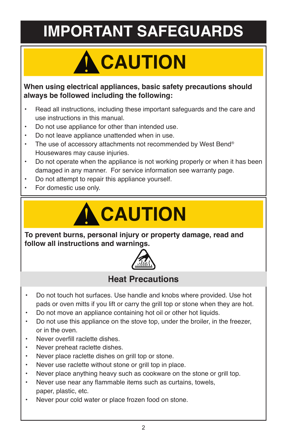 Caution, Important safeguards, Heat precautions | West Bend Model 6130 User Manual | Page 2 / 28