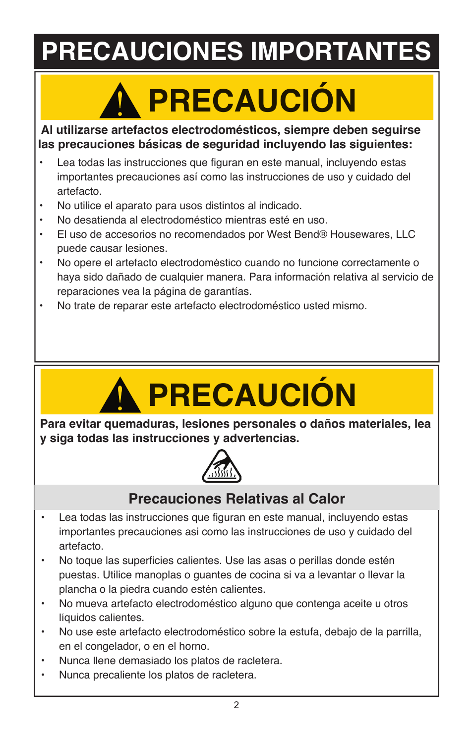 Precaución, Precauciones importantes | West Bend Model 6130 User Manual | Page 21 / 28