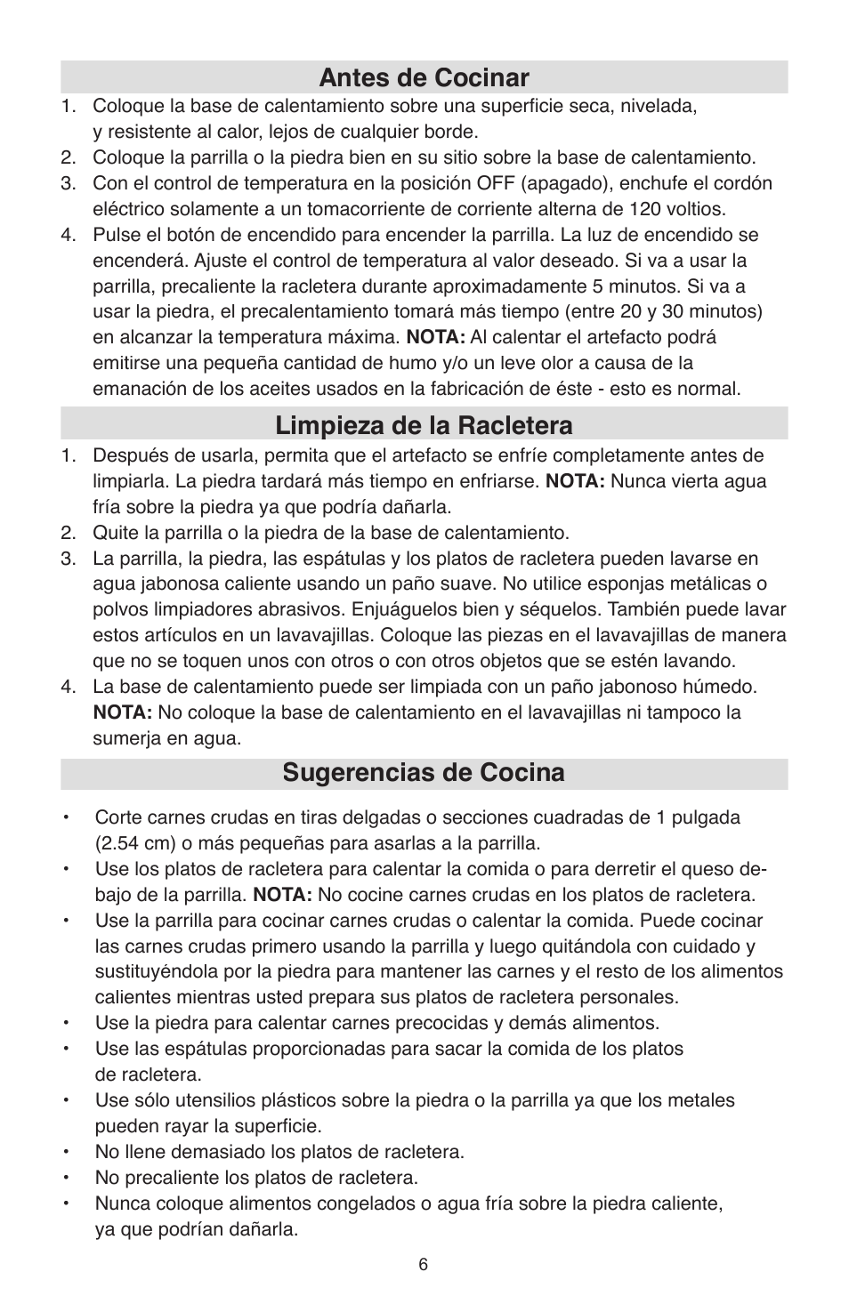 Antes de cocinar, Limpieza de la racletera, Sugerencias de cocina | West Bend Model 6130 User Manual | Page 25 / 28