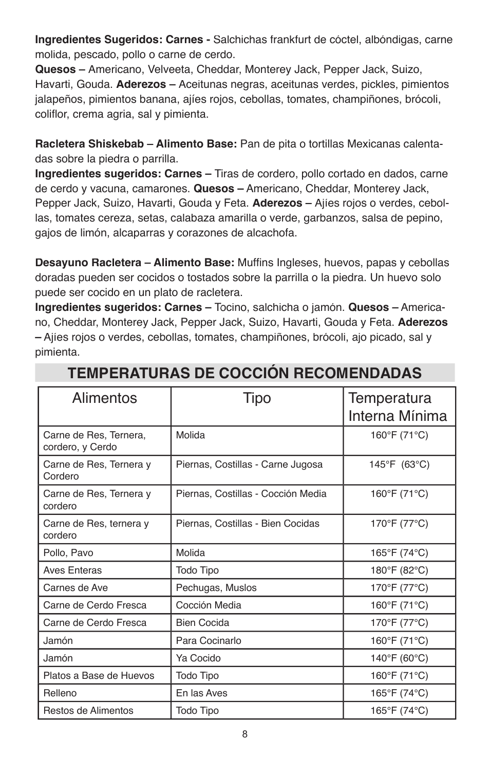 Alimentos tipo temperatura interna mínima, Temperaturas de cocción recomendadas | West Bend Model 6130 User Manual | Page 27 / 28