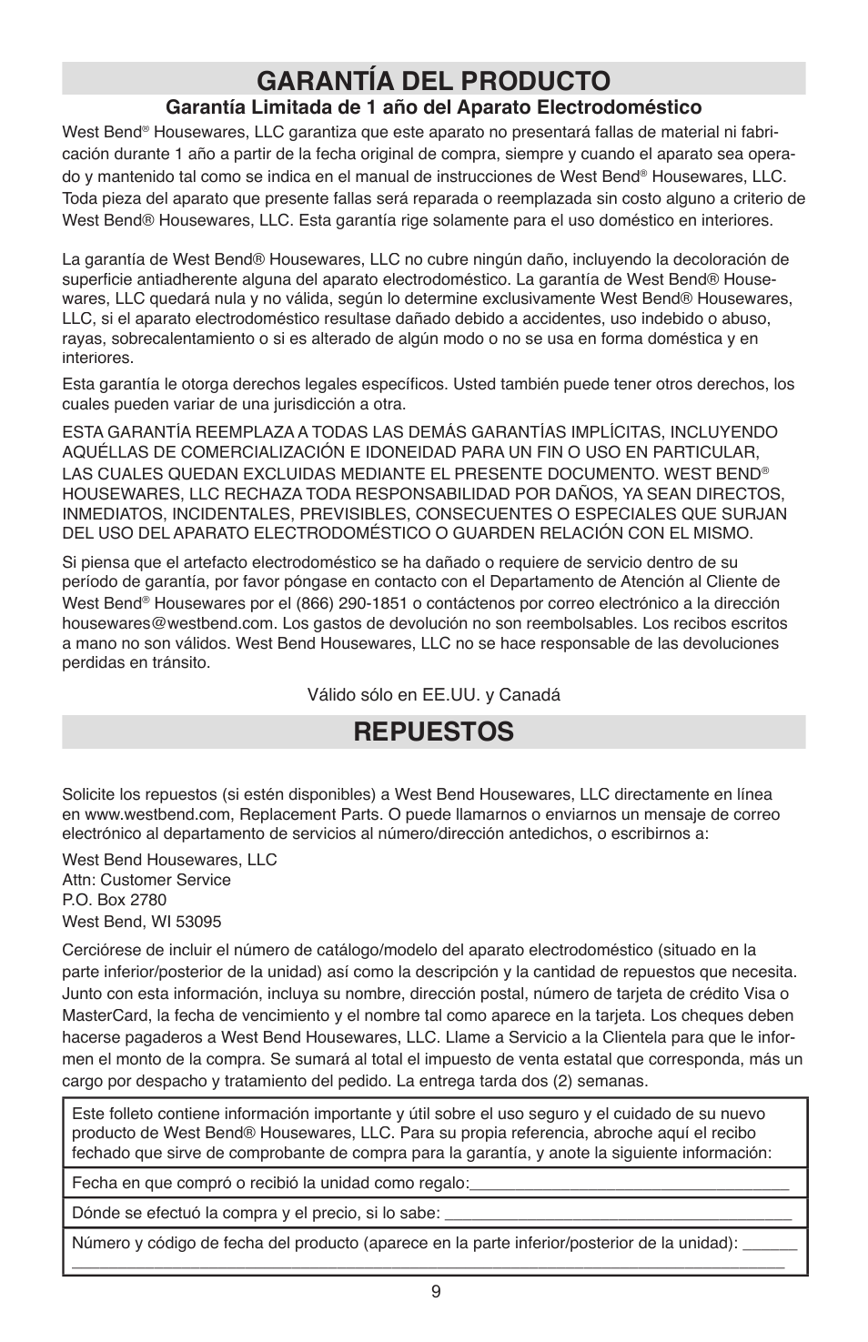 Garantía del producto, Repuestos | West Bend Model 6130 User Manual | Page 28 / 28