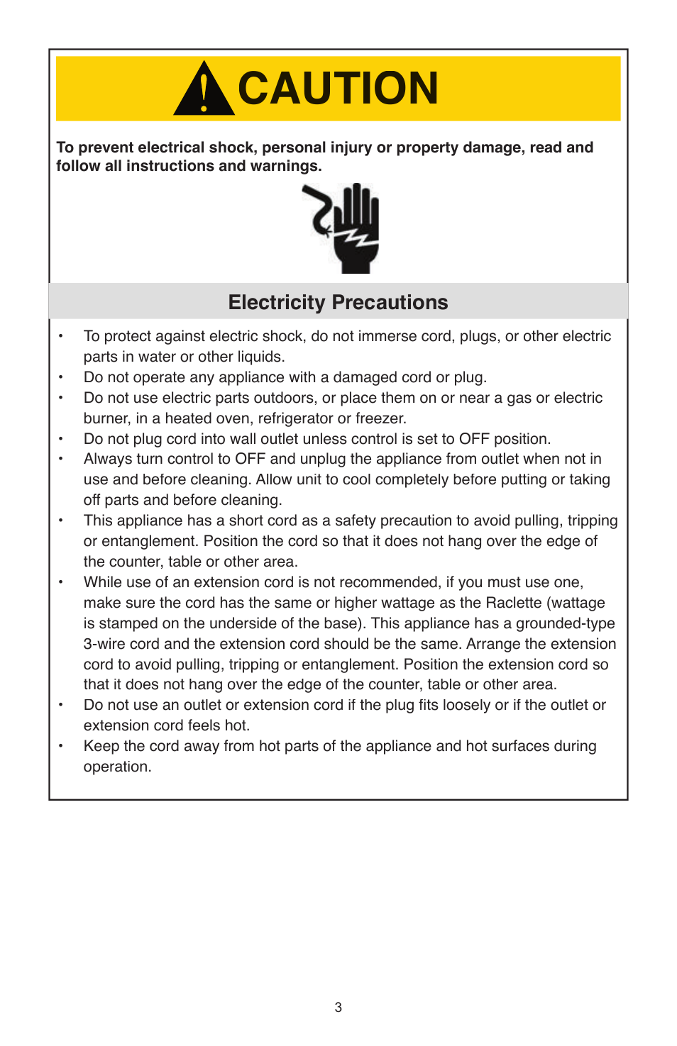 Caution, Electricity precautions | West Bend Model 6130 User Manual | Page 3 / 28