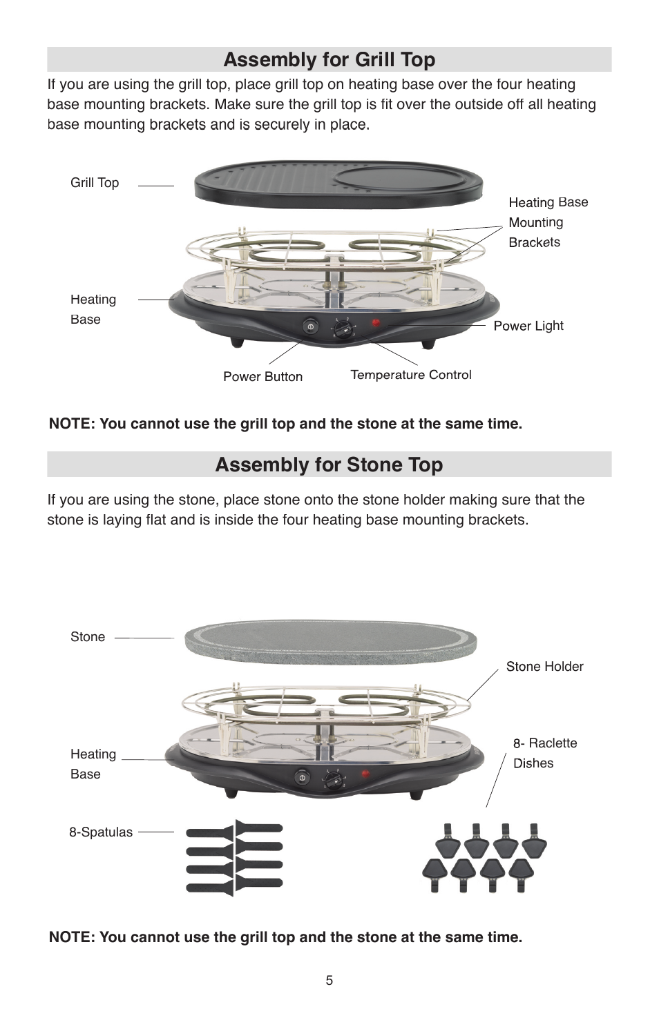 Assembly for grill top, Assembly for stone top | West Bend Model 6130 User Manual | Page 5 / 28