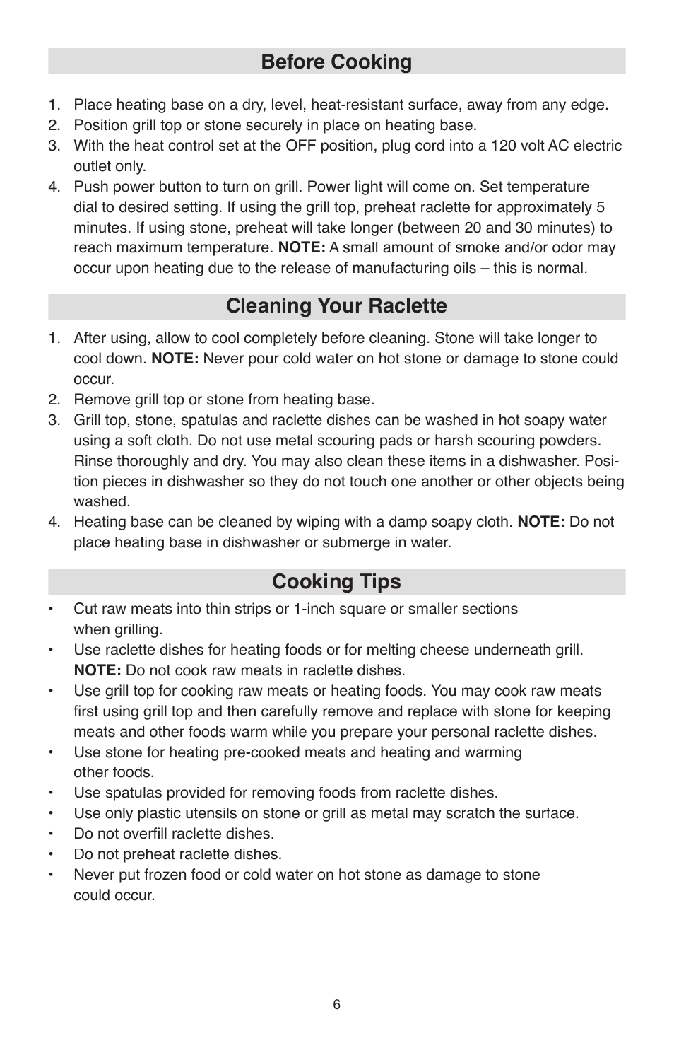 Before cooking, Cleaning your raclette, Cooking tips | West Bend Model 6130 User Manual | Page 6 / 28