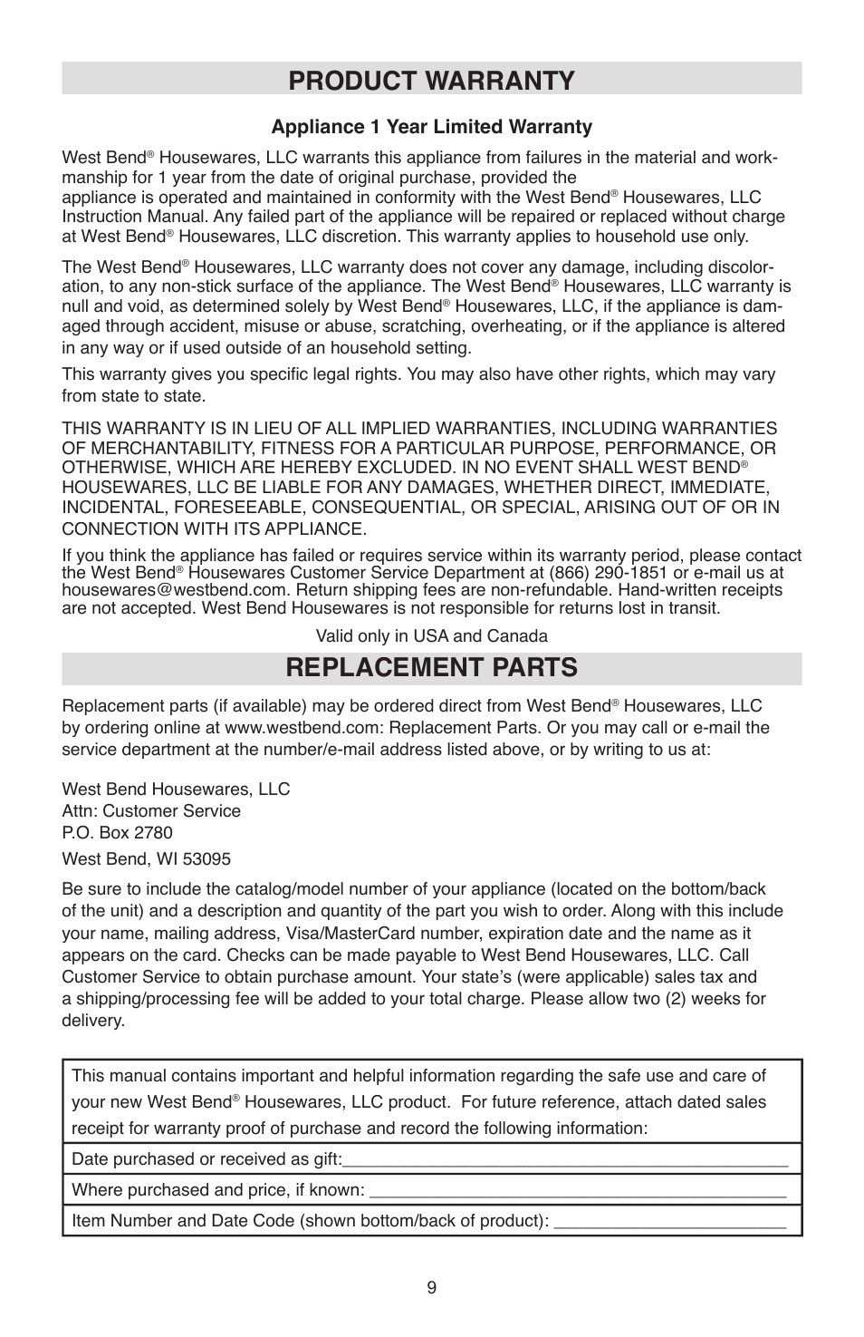 Product warranty, Replacement parts | West Bend Model 6130 User Manual | Page 9 / 28