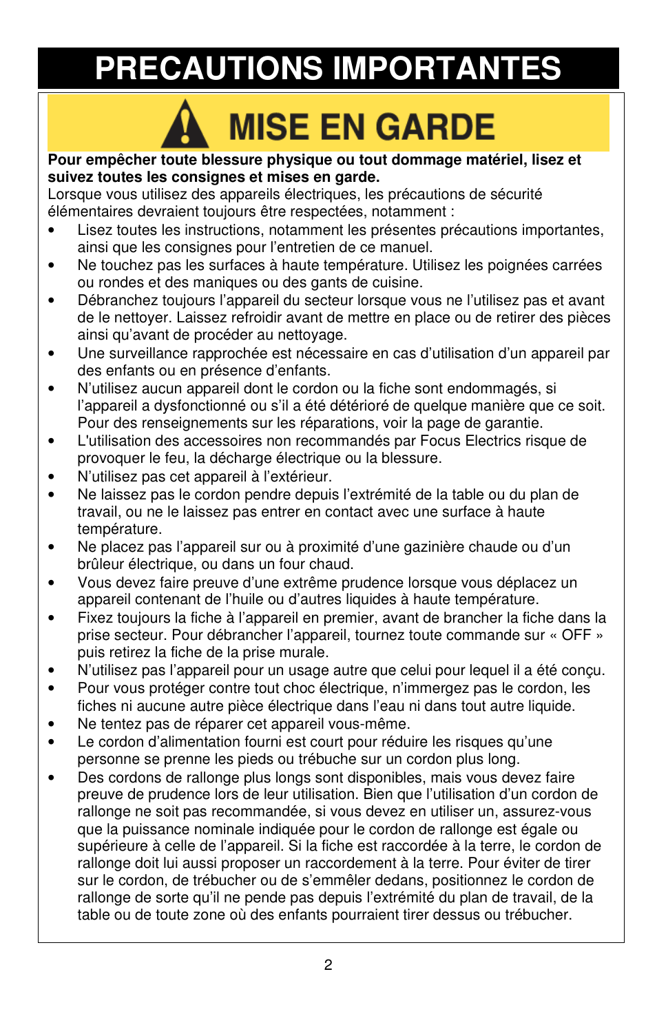 Precautions importantes | West Bend Versatility L5800 User Manual | Page 16 / 44