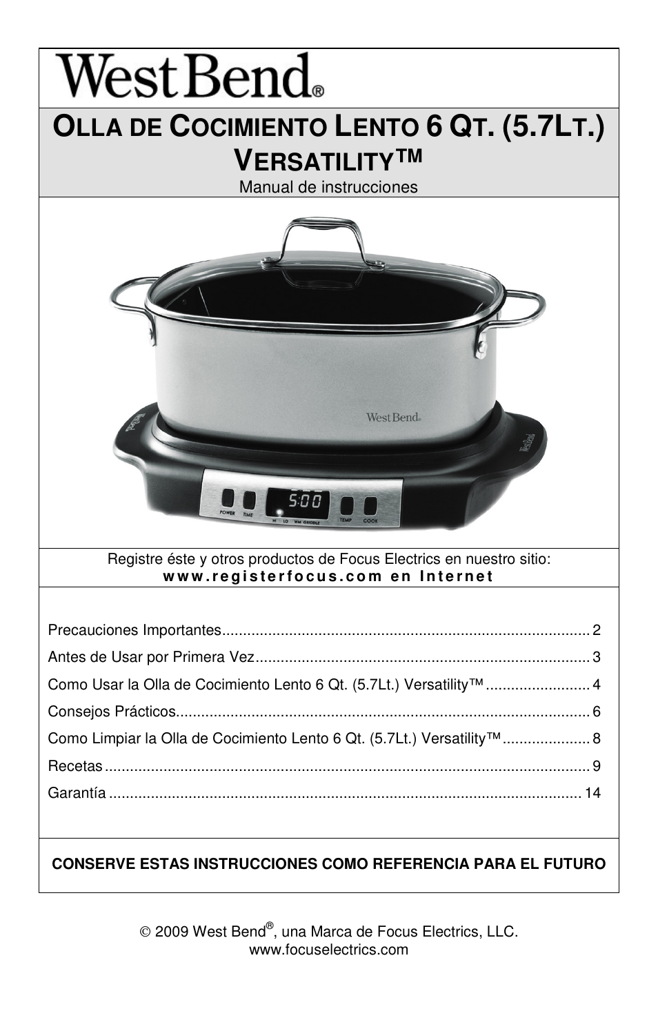 Lla de, Ocimiento, Ento | Ersatility | West Bend Versatility L5800 User Manual | Page 30 / 44