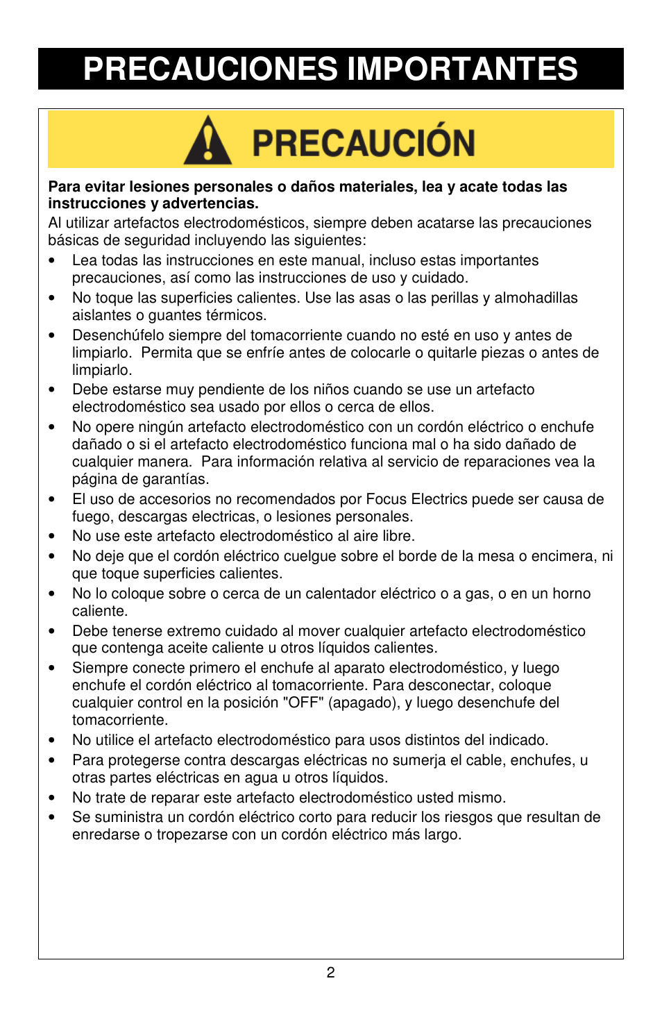 Precauciones importantes | West Bend Versatility L5800 User Manual | Page 31 / 44