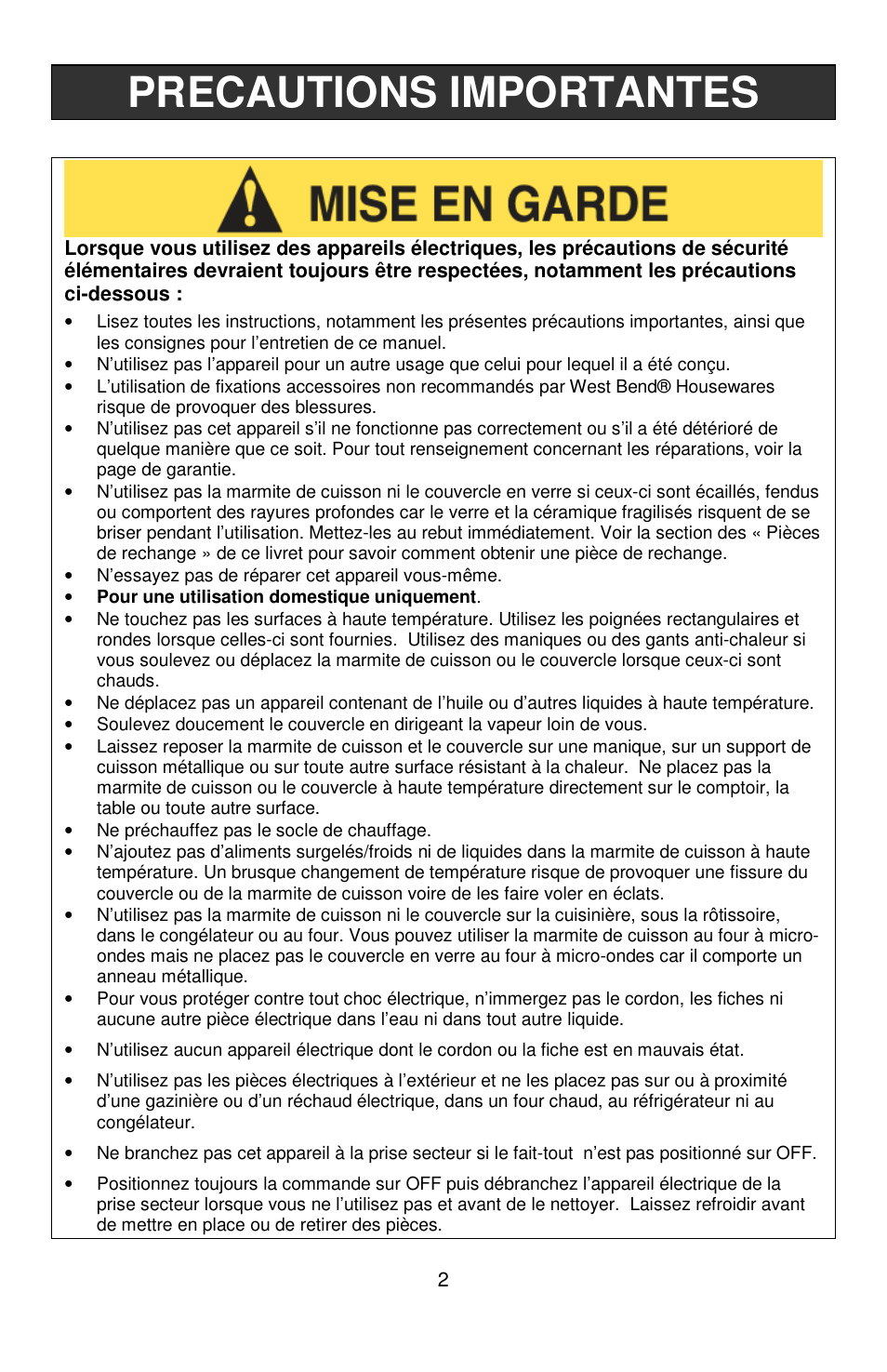 Precautions importantes | West Bend Crockery L5661A User Manual | Page 11 / 28