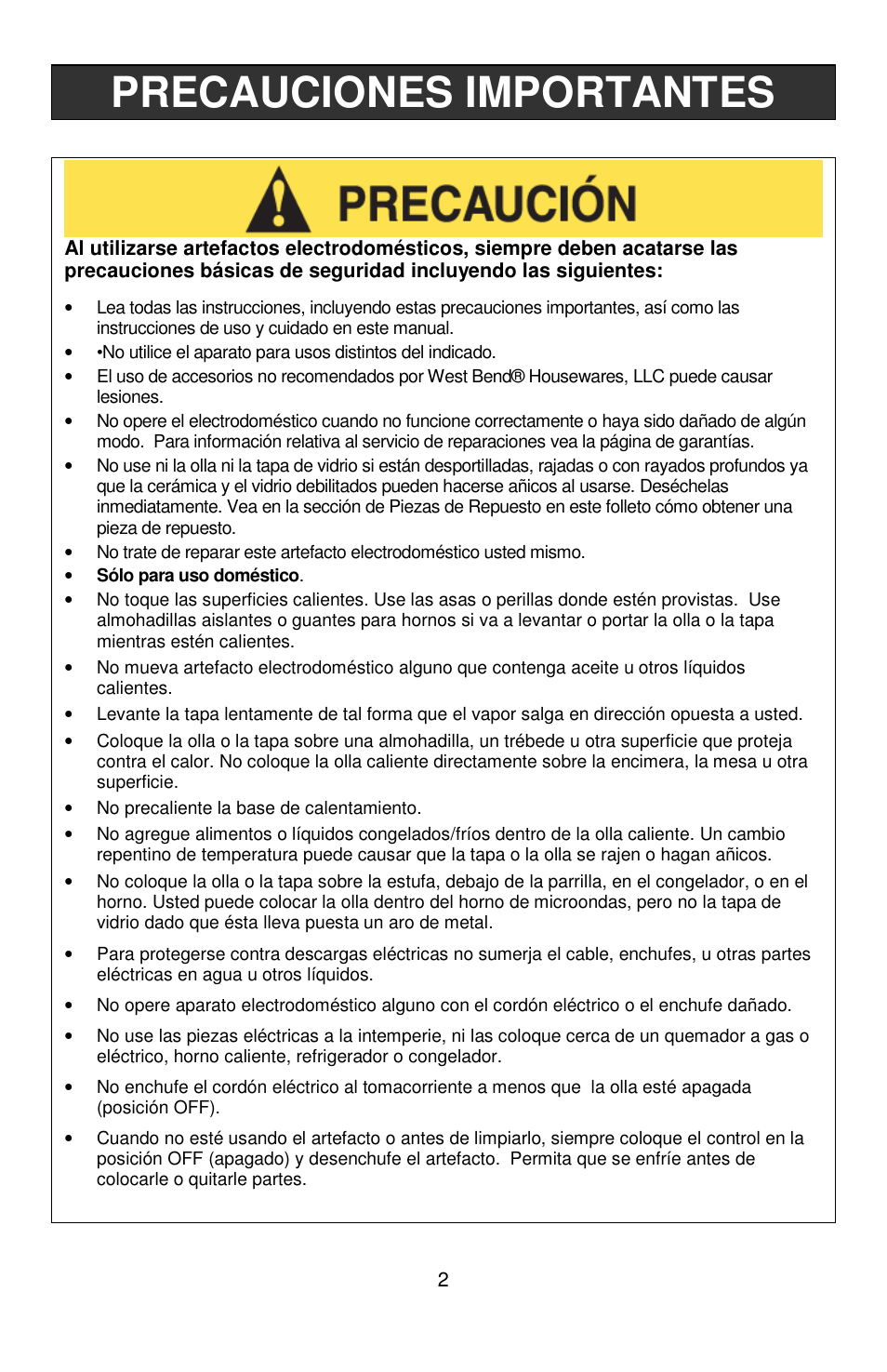 Precauciones importantes | West Bend Crockery L5661A User Manual | Page 20 / 28