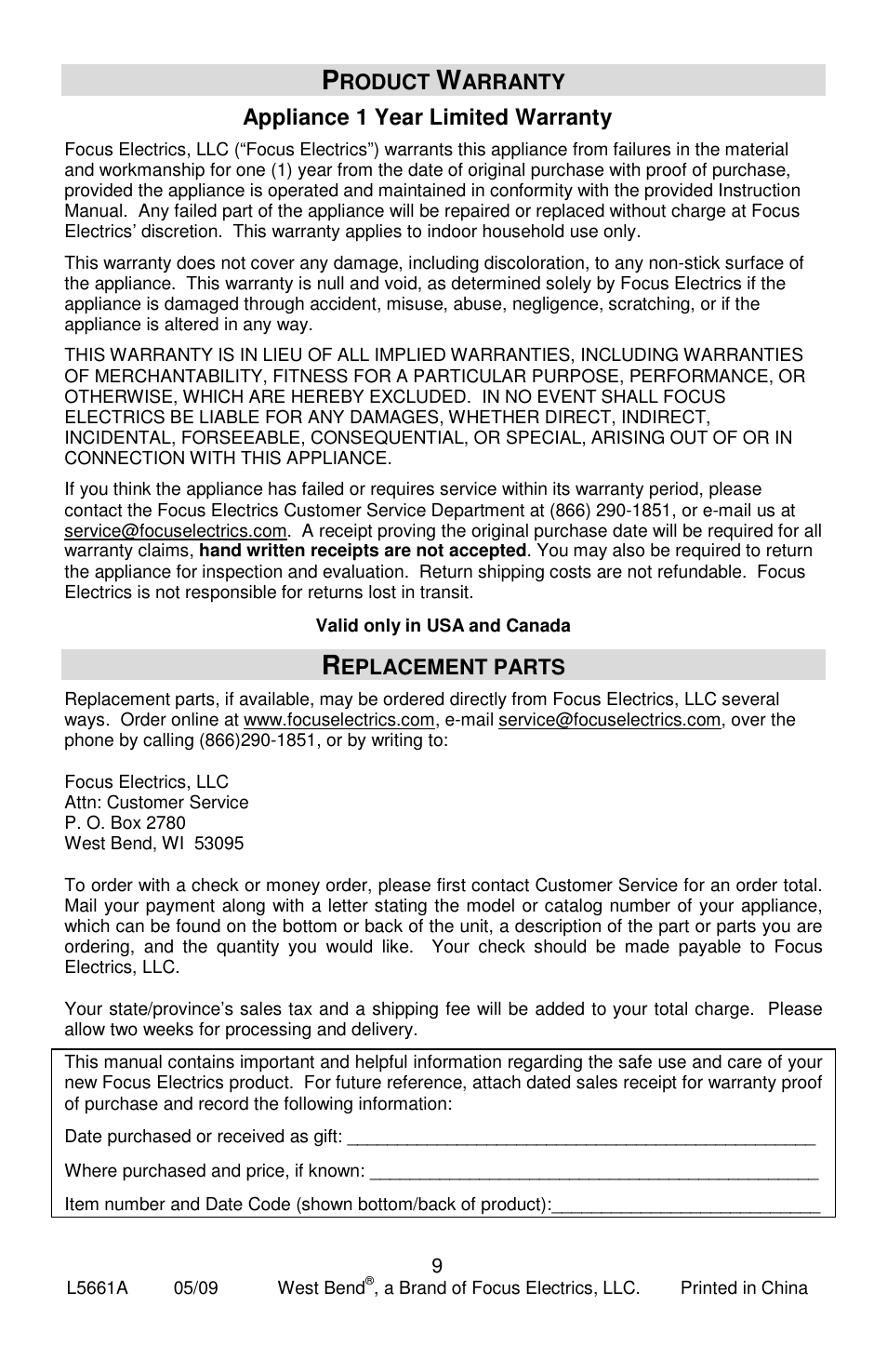 Appliance 1 year limited warranty | West Bend Crockery L5661A User Manual | Page 9 / 28