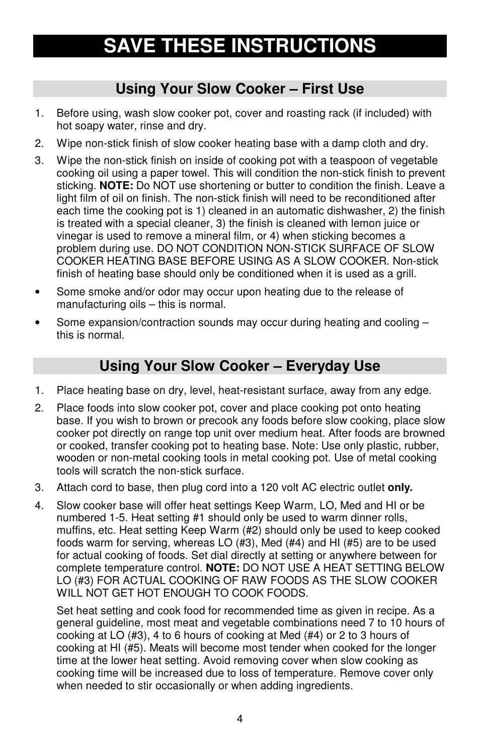 Save these instructions, Using your slow cooker – first use, Using your slow cooker – everyday use | West Bend Cookers User Manual | Page 4 / 72