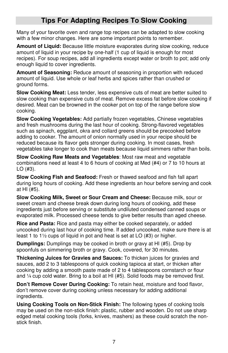 Tips for adapting recipes to slow cooking | West Bend Cookers User Manual | Page 7 / 72
