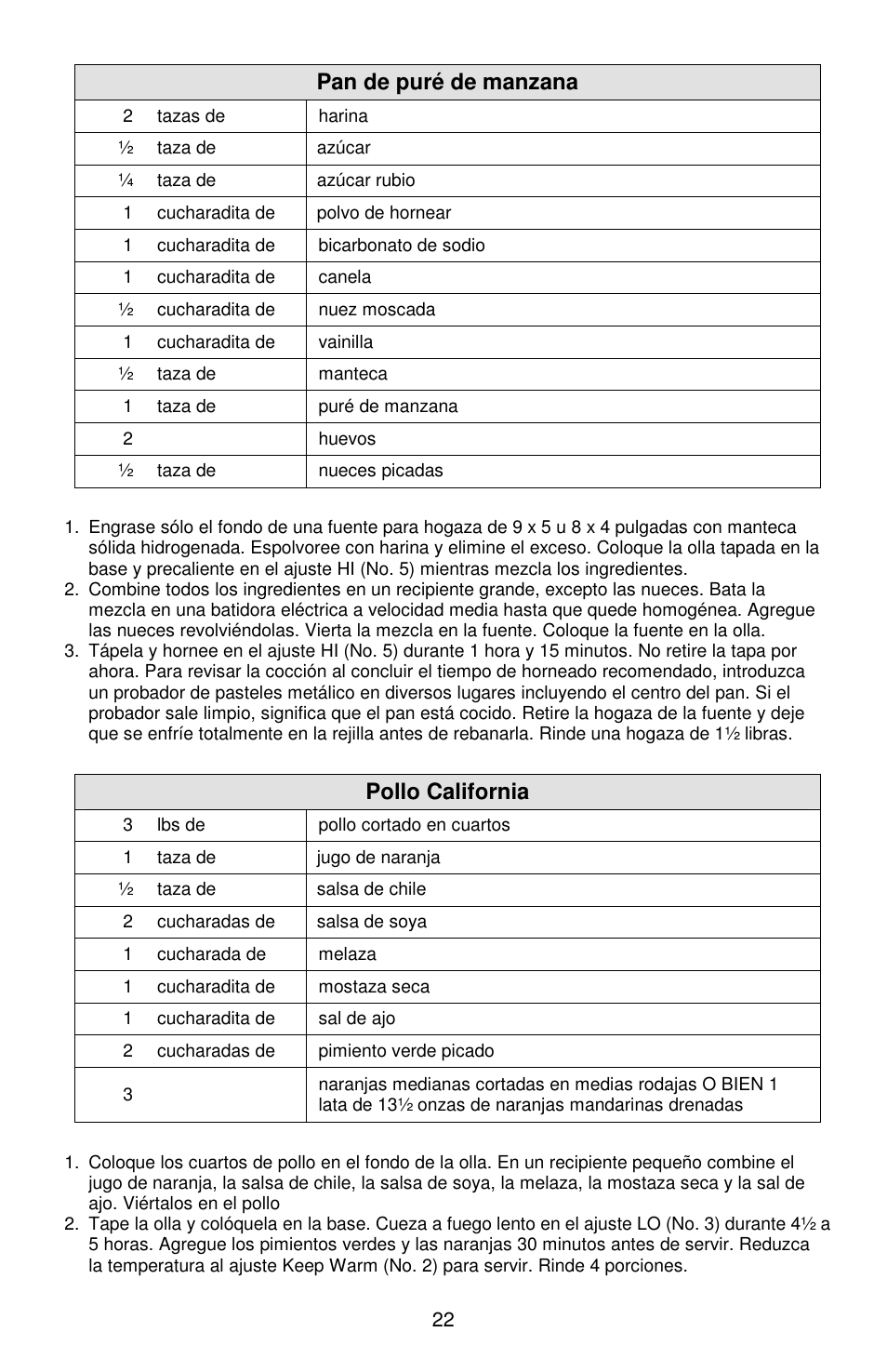 Pan de puré de manzana, Pollo california | West Bend Cookers User Manual | Page 70 / 72