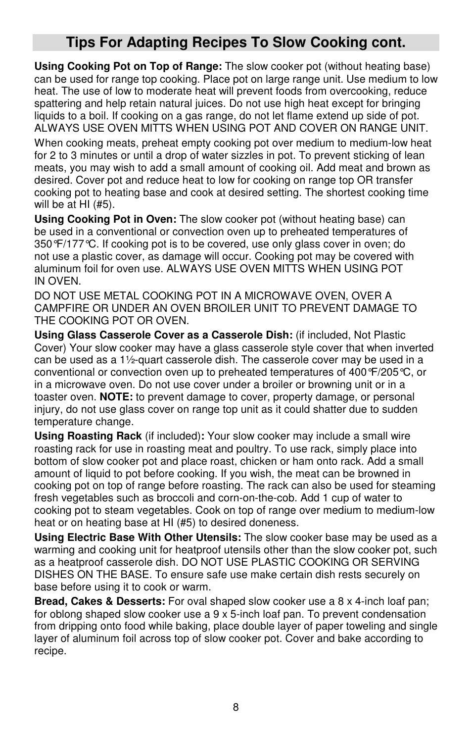 Tips for adapting recipes to slow cooking cont | West Bend Cookers User Manual | Page 8 / 72