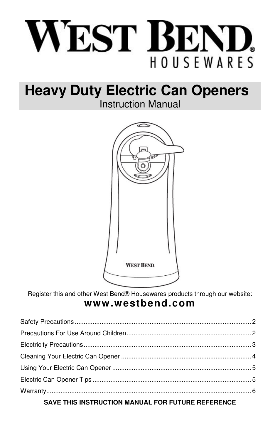 West Bend Electric Can Opener User Manual | 20 pages