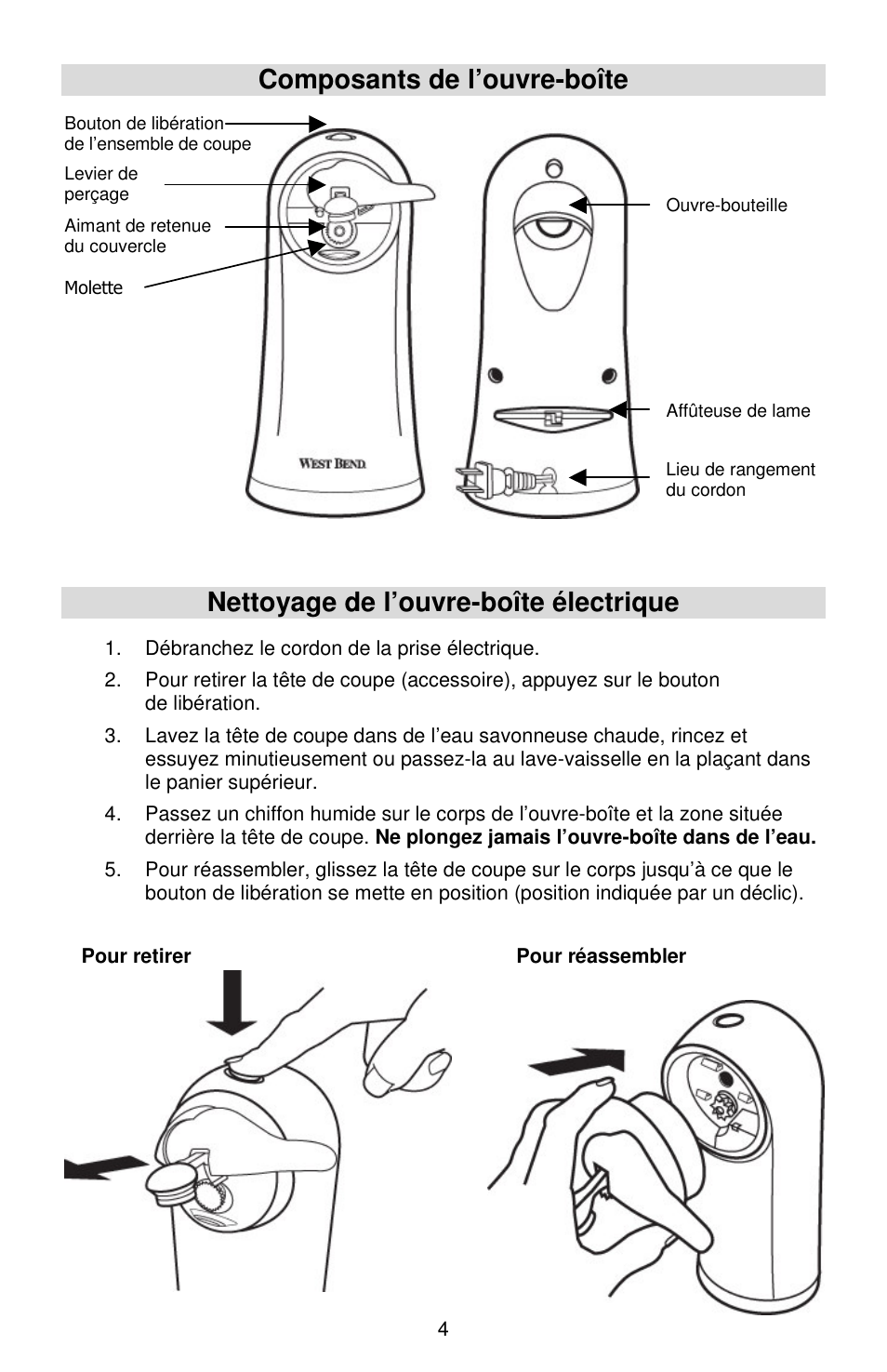 Composants de l’ouvre-boîte, Nettoyage de l’ouvre-boîte électrique | West Bend Electric Can Opener User Manual | Page 11 / 20