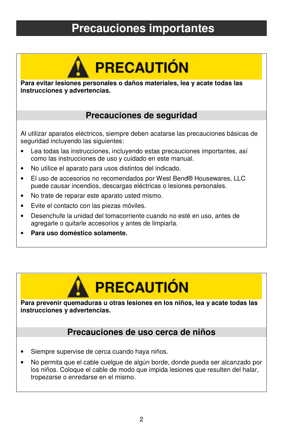 Precauciones importantes, Precauciones de seguridad, Precauciones de uso cerca de niños | West Bend Electric Can Opener User Manual | Page 15 / 20