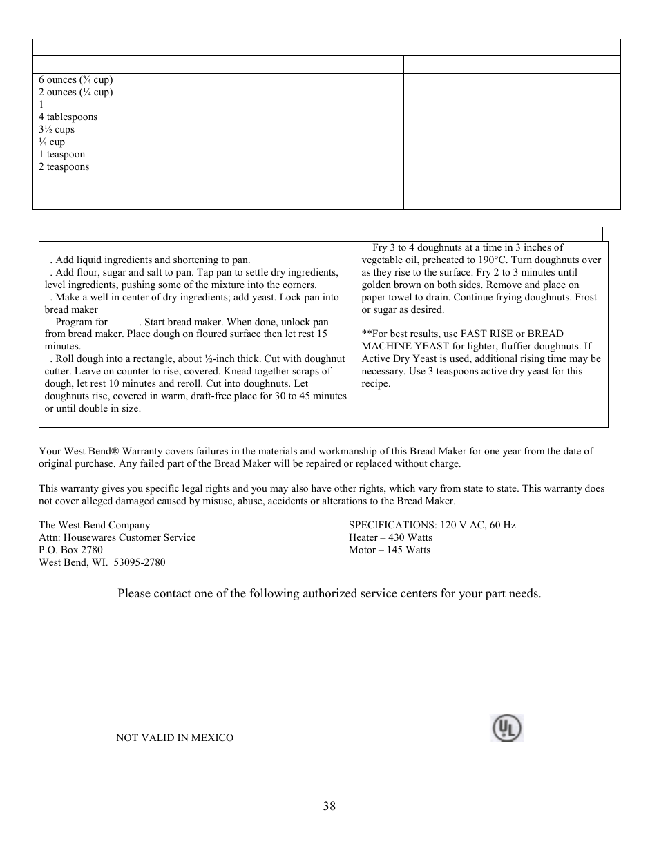 Raised doughnuts, 1 year warranty, West bend | Replacements parts available | West Bend L5005 User Manual | Page 39 / 39
