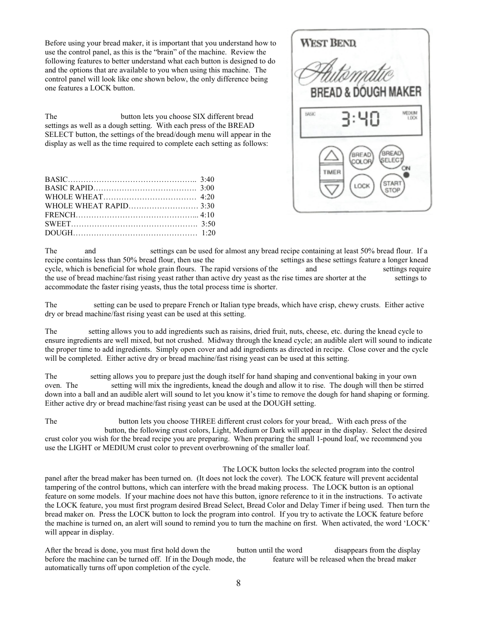 Bread select button, Bread select settings time to complete, Bread color button | West Bend L4978 User Manual | Page 8 / 23