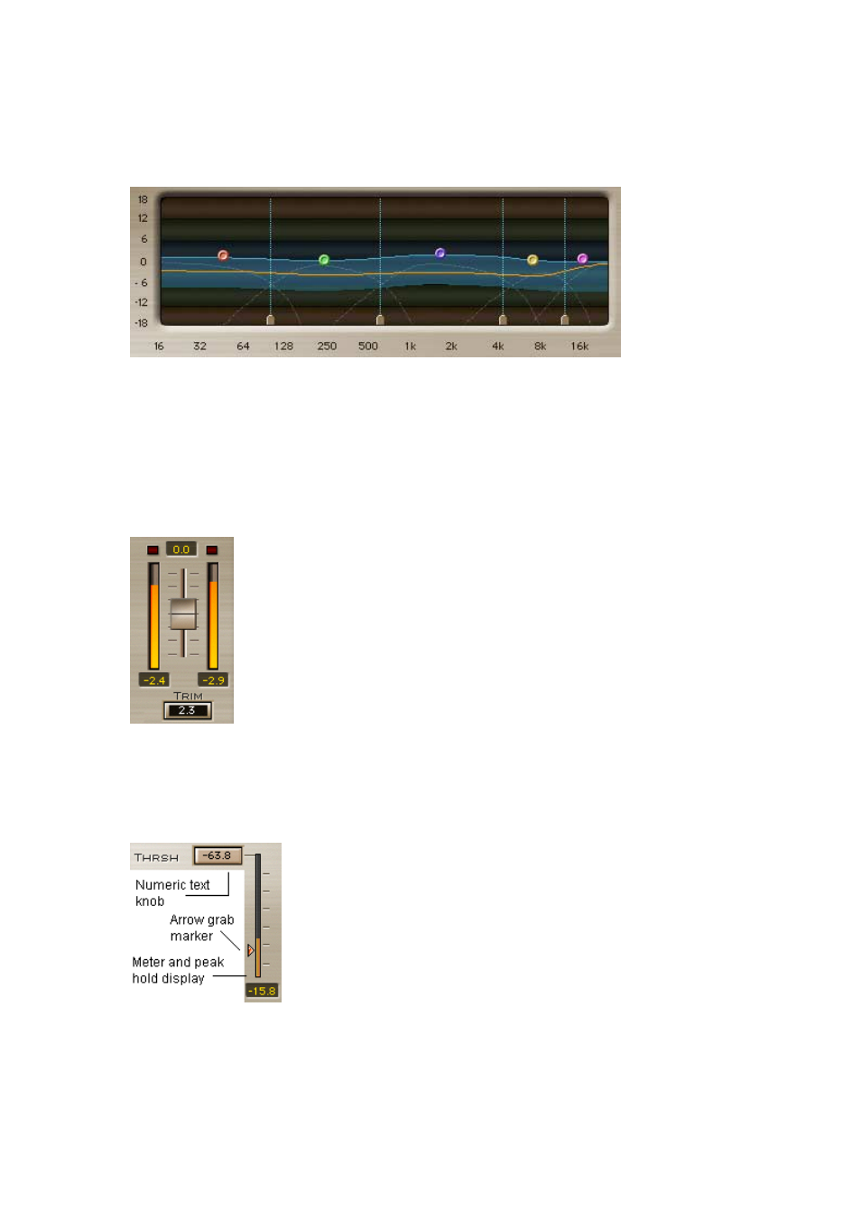 Displays, The multiband graph, The output meters | Band threshold meters | Waves Linear-Phase MultiBand Software Audio Processor User Manual | Page 14 / 27