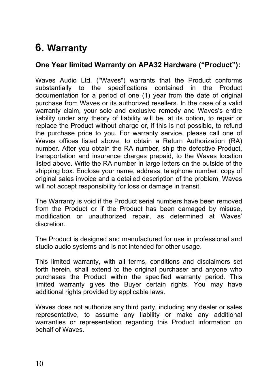 Warranty | Waves APA32 User Manual | Page 11 / 13