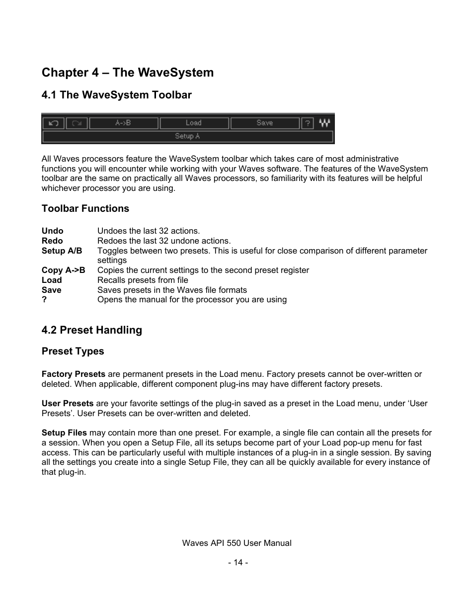 Chapter 4 – the wavesystem, 1 the wavesystem toolbar, Toolbar functions | 2 preset handling, Preset types, Ystem, Oolbar, Reset, Andling | Waves API 550 User Manual | Page 14 / 20